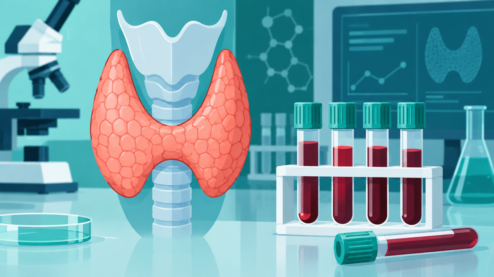 Perfil tiroideo: glándula tiroides y muestras de sangre en el laboratorio