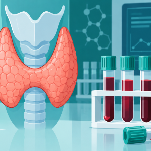 Perfil tiroideo: glándula tiroides y muestras de sangre en el laboratorio