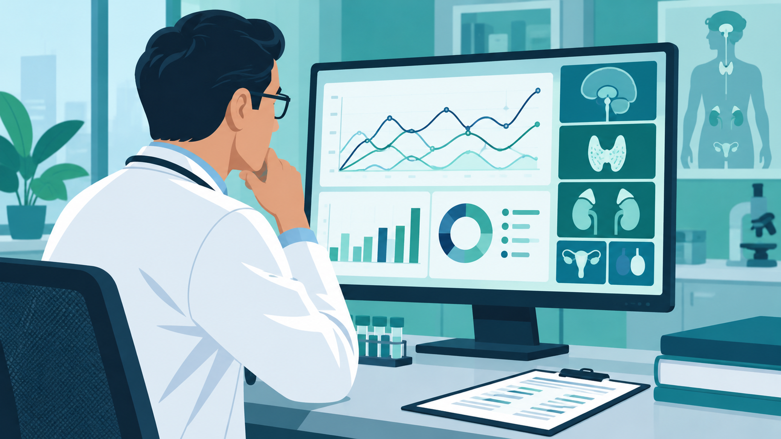 Médico especialista revisando los resultados de un perfil tiroideo