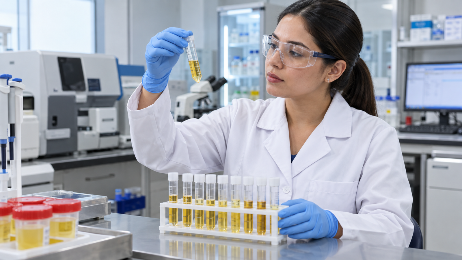 Frasco con muestra de orina para el examen general de orina en el laboratorio