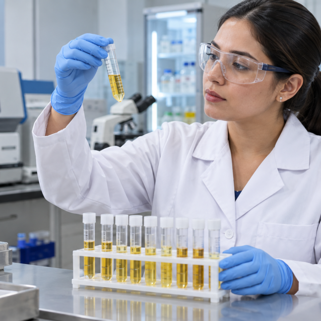 Frasco con muestra de orina para el examen general de orina en el laboratorio