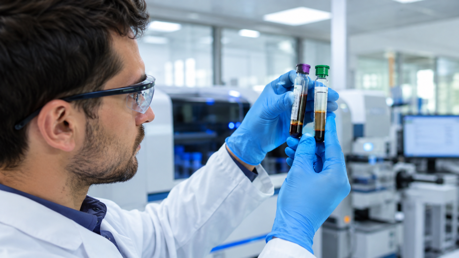 Laboratorista revisando frascos de hemocultivo ante sospecha de choque séptico