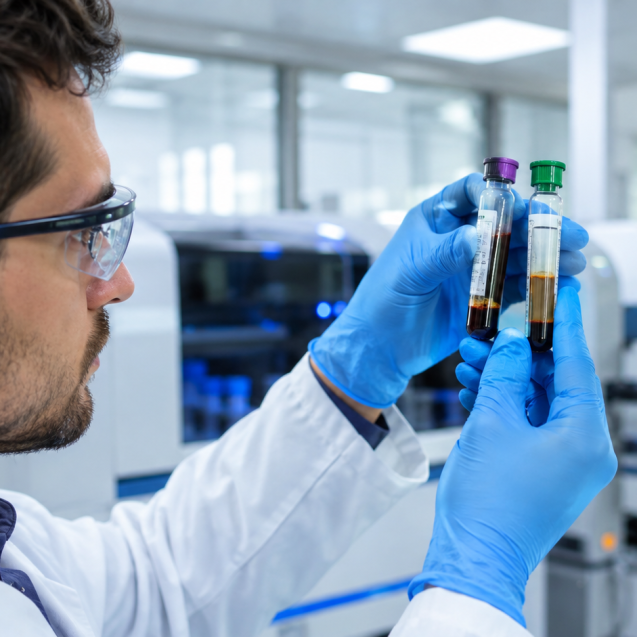 Laboratorista revisando frascos de hemocultivo ante sospecha de choque séptico