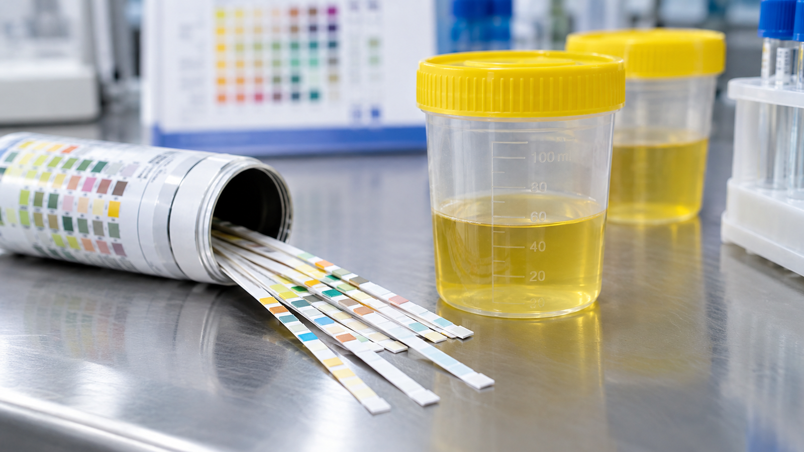 Tiras reactivas para el examen químico de orina con su tabla de colores de referencia