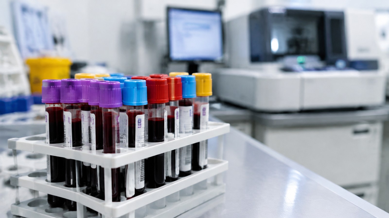 Tubos de muestra de sangre en un laboratorio de análisis clínicos