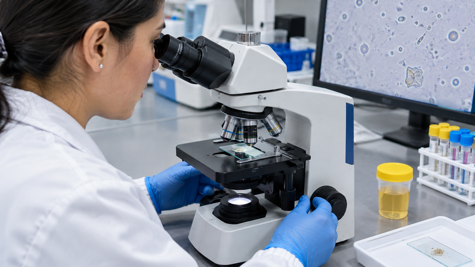 Observación del sedimento urinario al microscopio en el laboratorio clínico